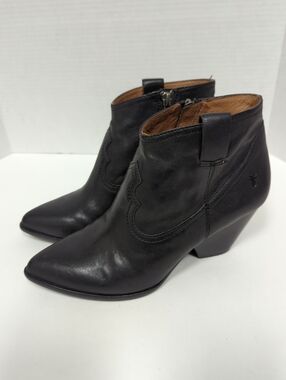 Frye Reina Leather Ankle Boots Sz 7.5 Woman Zip Closure Block Heel Western Dk Br